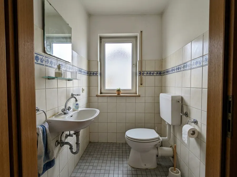 Vorher: kleines Gäste-WC aus den 90ern mit Stand-WC, Eckwaschbecken und blauer Bordüre (Symbolbild)